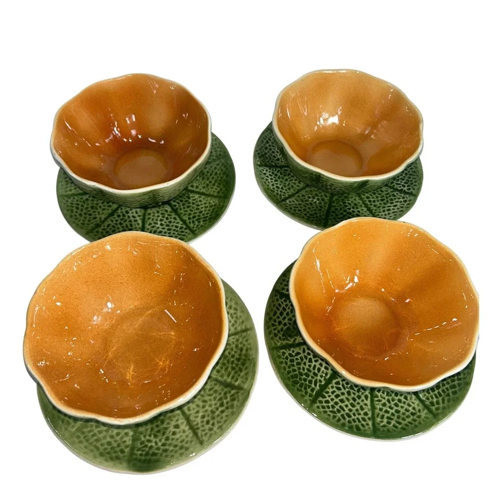 Vintage Knobler Japan ceramic majolica art pottery fruit bowls & Saucers 8Pc